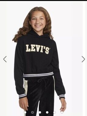 Levi's Gitls Black Hoodie with Cream Logo and Stripe Trim
